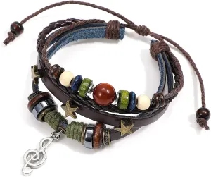 Grunge Bracelets, Fairycore Grunge Accessories, Black Leather Music Note Bracelet, 7.5-10.2Inch Adjustable Braid charms for Men