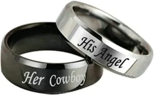 Gualiy Couples Stainless Steel Rings, Her Cowboy and His Angel Rings Silver Black Wedding Jewelry Rings Size 5-13