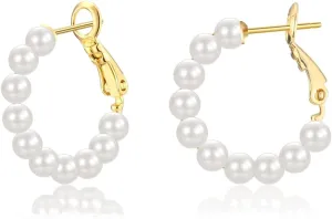 GULICX Pearl Hoop Earrings for Women, 14K Gold Plated Pearl Earrings 925 Sterling Silver Post Big Pearl Hoop Earrings Jewelry Gifts for Girls