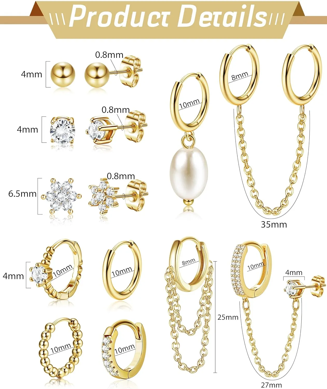 HAIAISO 10 Pairs Small Gold Huggie Hoop Earrings for Women Lightweight Double Piercing Chain Earrings Dainty Gold Stud Earrings Hypoallergenic Gold Hoop Earrings Set