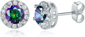 Halo CZ Rainbow Cubic Zirconia Stud Earrings for Men | Round/Cushion Gemstone Studs Hypoallergenic Earring|18K White Gold Plated Elegant Jewelry Mother's Day Gifts