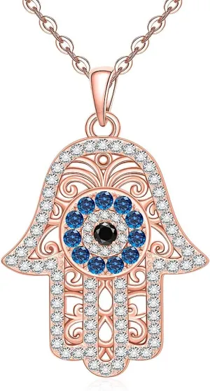 Hamsa Necklace Sterling Silver Hand of Fatima Hamsa Necklace for Women Greek Evil Eye Necklaces Jewelry Pendant Turkish Amulet Protection Charm
