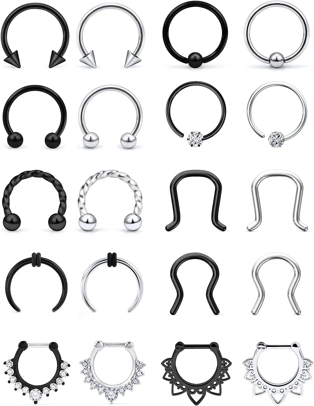 Hoeudjo Septum Rings 16G Surgical Steel Nose Hoop Rings Retainer Body Piercing Jewelry for Women Men Daith Helix Tragus Earrings Lip Rings 20 Pieces