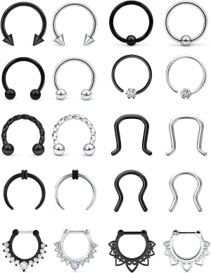 Hoeudjo Septum Rings 16G Surgical Steel Nose Hoop Rings Retainer Body Piercing Jewelry for Women Men Daith Helix Tragus Earrings Lip Rings 20 Pieces