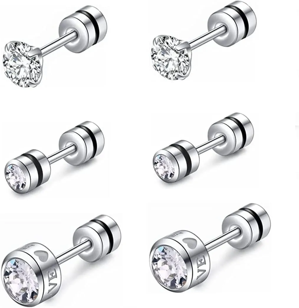 Hopply 3 Pairs Hypoallergenic Titanium Screw Back Earrings Cubic Zirconia Studs for Women Men,20G 20G Helix Piercing Post Surgical Stainless Steel Cartilage Earrings for Sensitive Ears