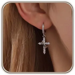Hypoallergenic Crown Cross Earrings for Women Men, 18K Gold Plated Dangle Hoop Huggie Earrings, Fashion Diamond Jewelry Gifts