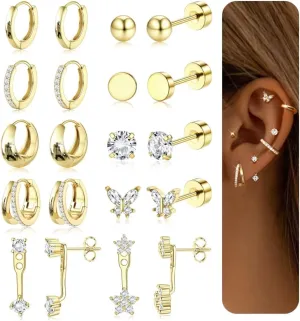 Hypoallergenic Flat Back Earrings For Women - Gold Stud Hoop Earrings Surgical Steel Stud Earring Small 14K Gold Huggie Hoops Cartilage Earring Set For Multiple Piercing