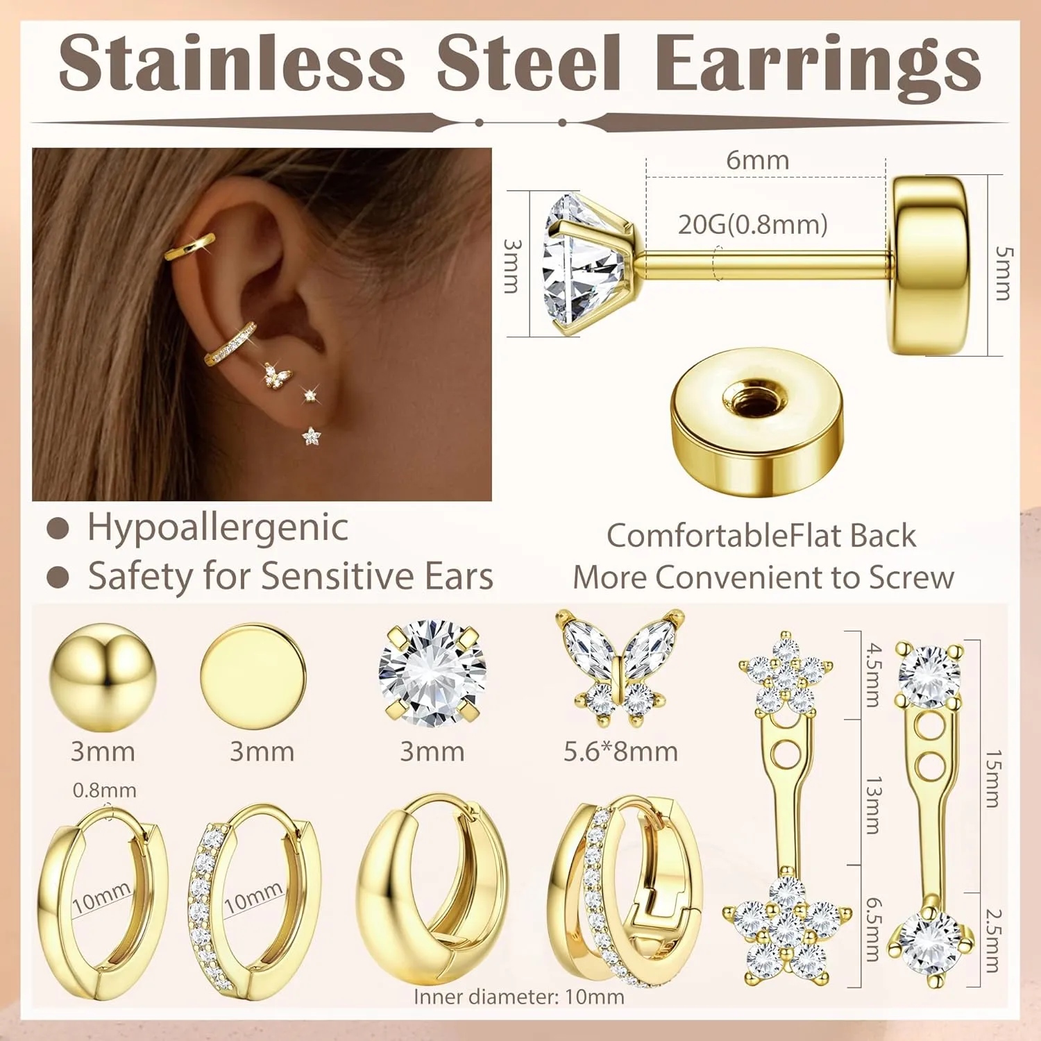 Hypoallergenic Flat Back Earrings For Women - Gold Stud Hoop Earrings Surgical Steel Stud Earring Small 14K Gold Huggie Hoops Cartilage Earring Set For Multiple Piercing