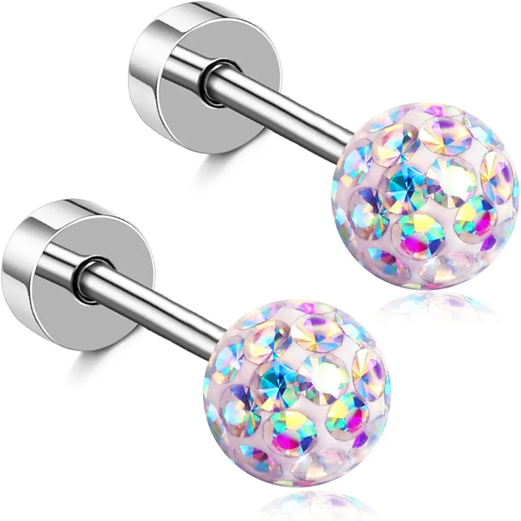 Hypoallergenic Stainless Steel Stud Earrings for Women Little Girls Flat Safety Screw on Back Tragus Cartilage Ear Piercing Jewelry