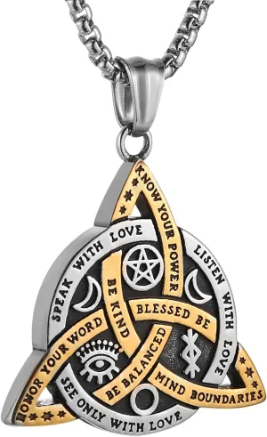 HZMAN Double Sided Stainless Steel Triple Goddess Triquetra Necklace Celtic Knot Irish Christian Trinity Knot Pendant