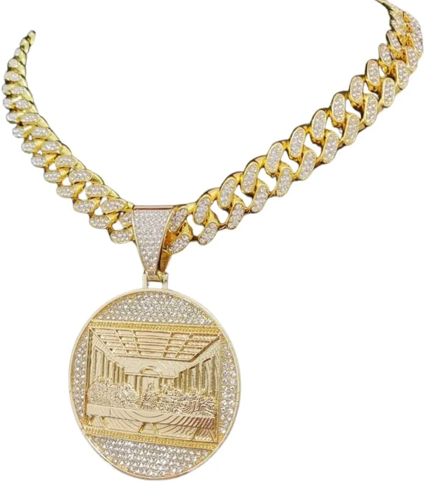 Iced Out Hip Hop The Last Supper Pendant Necklace with 13mm Cuban Chain HipHop for Men Women, Last Supper Pendant Big Jesus Miami Cuban Chain Iced Out