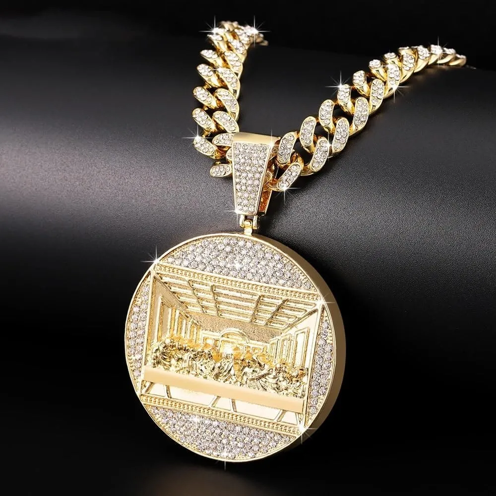 Iced Out Hip Hop The Last Supper Pendant Necklace with 13mm Cuban Chain HipHop for Men Women, Last Supper Pendant Big Jesus Miami Cuban Chain Iced Out