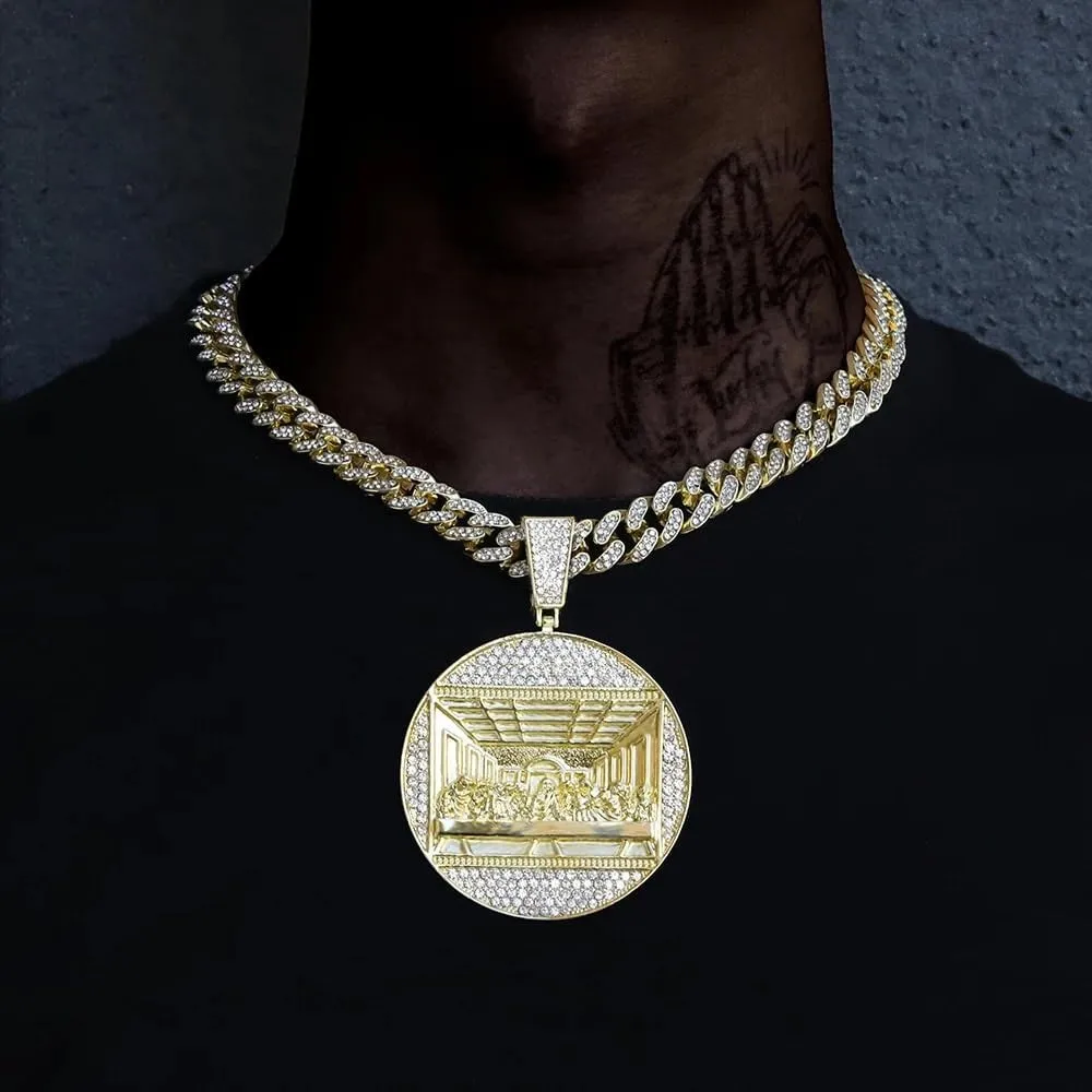 Iced Out Hip Hop The Last Supper Pendant Necklace with 13mm Cuban Chain HipHop for Men Women, Last Supper Pendant Big Jesus Miami Cuban Chain Iced Out