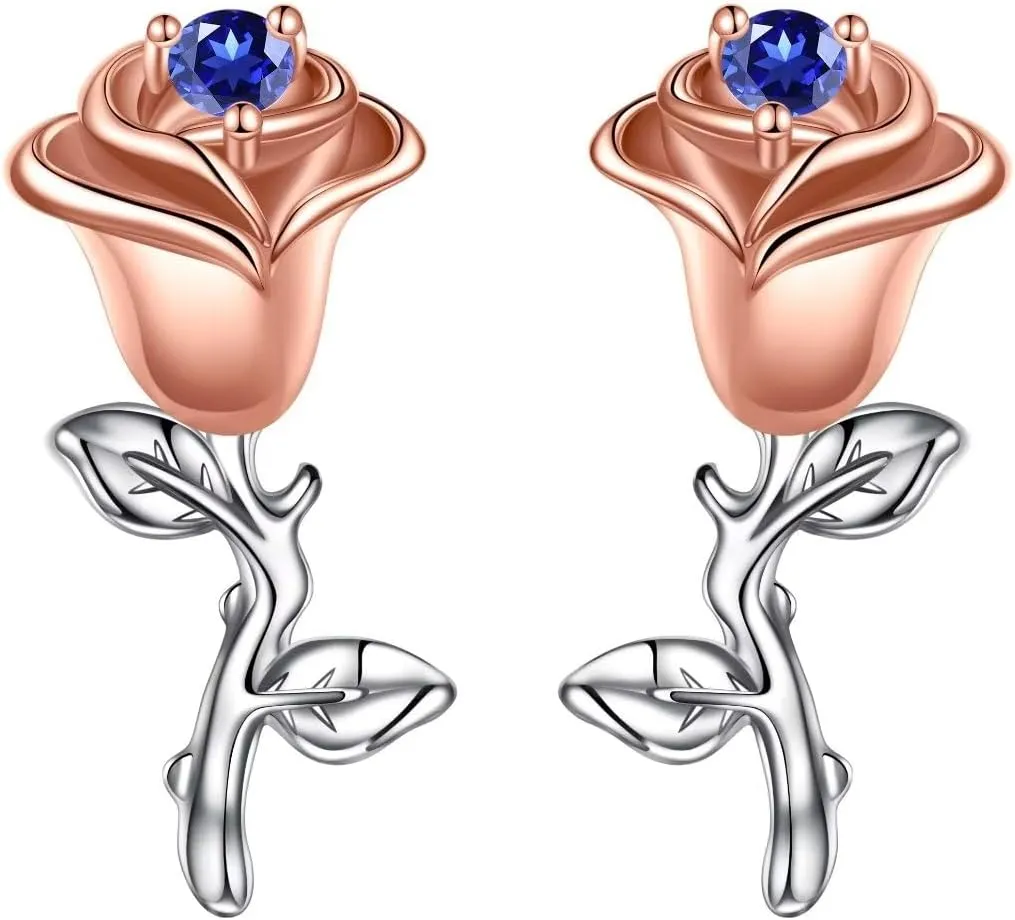 Iefil Birthstone Earrings Gifts for Women, Sterling Silver Rose Flower Birthstone Stud Earrings for Women, Mothers Day Anniversary Birthday Gifts for Women