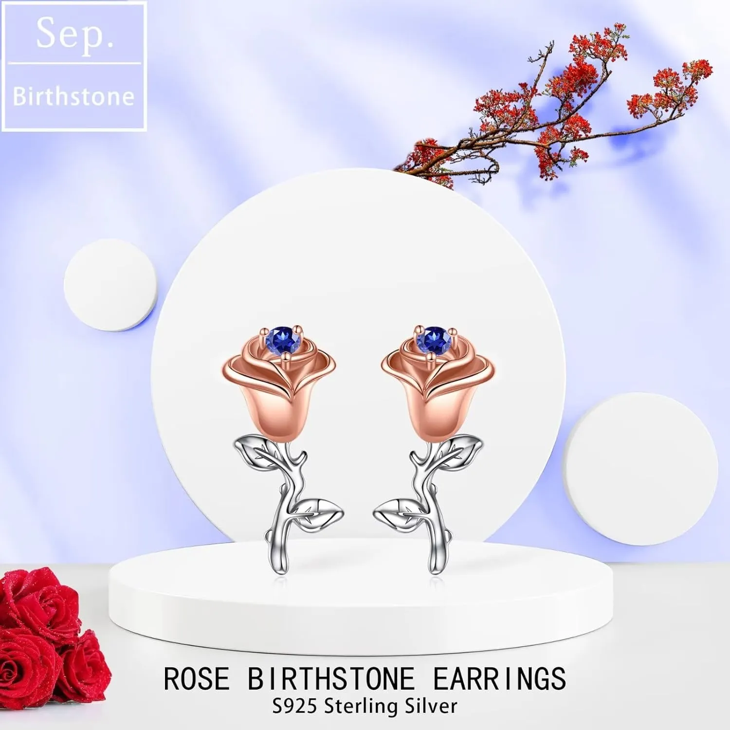 Iefil Birthstone Earrings Gifts for Women, Sterling Silver Rose Flower Birthstone Stud Earrings for Women, Mothers Day Anniversary Birthday Gifts for Women