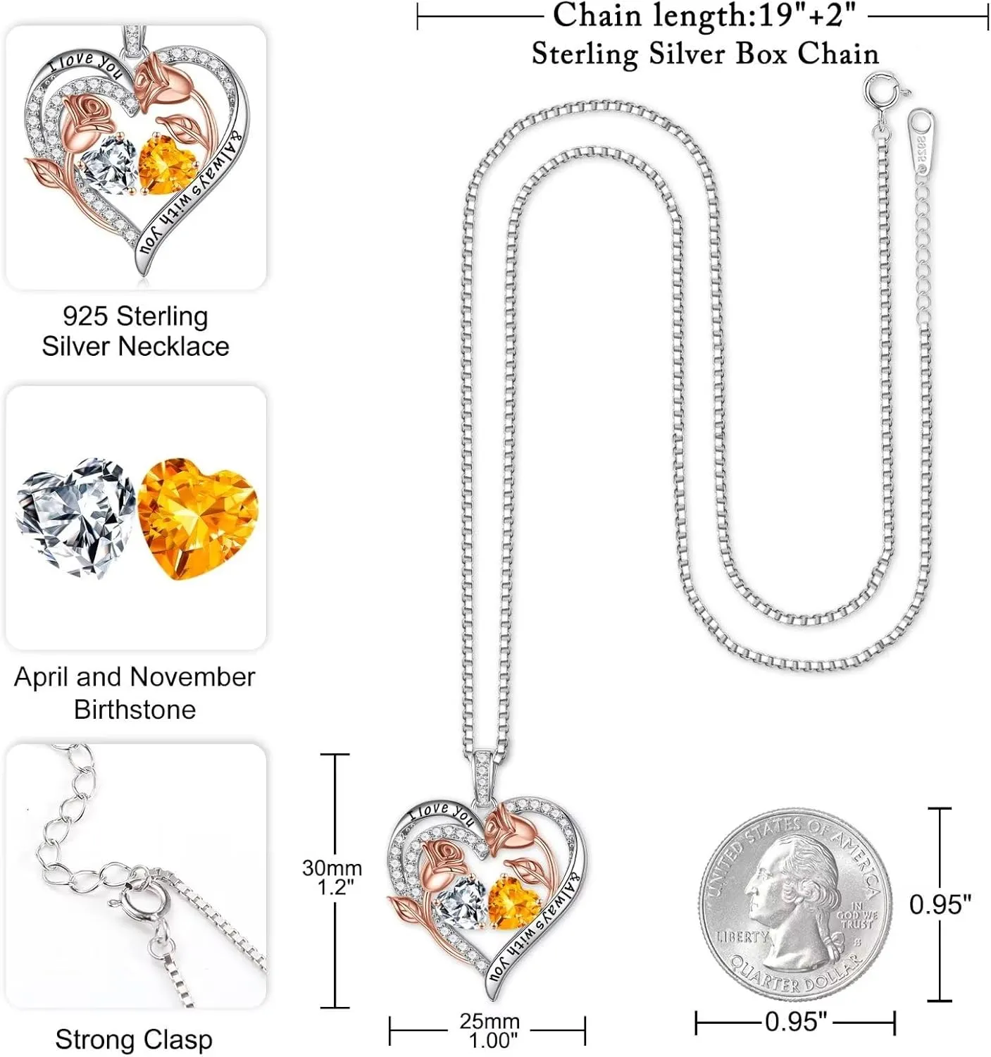Iefil Birthstone Necklace for Women - 925 Sterling Silver Rose Heart Birthstone Necklace Birthday Anniversary Jewelry Gifts for Her Wife Mom Daughter