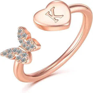 INENIMARTJ Initial Rings for Women Stackable Butterfly Initial Letter Rings Crystal Inlaid Capital Alphabet Ring 14k Gold Silver Rose Gold Plated Open Adjustable Initial rings Jewelry