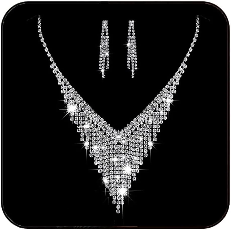 JAKAWIN Rhinestone Jewelry Set Silver Formal Wedding Costume Necklace and Earrings Set for Women
