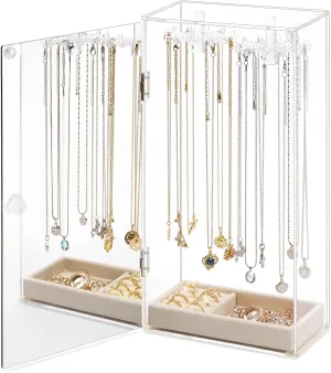 Jenseits Necklace Holder Organizer, Acrylic Jewelry Organizer with Velvet Tray & Built-in Mirror, 24 Hooks Dustproof Clear Jewelry Box Storage Stand, Ring Earrings Bracelets Display Case for Women