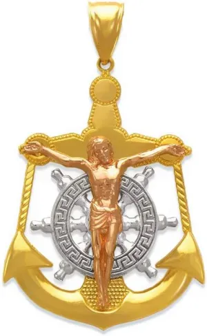Jesus Anchor Pendant 14K Gold - luxury Catholic Christian Religious Mariner's Cross  Nice Tricolor Jewelry Gift for Women and Mean 46 MM