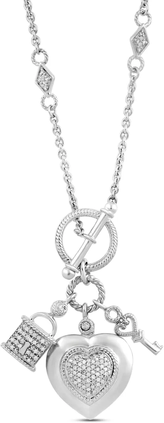 Jewelili Heart Necklace Pendant for Women | Sterling Silver | Natural White Round Diamonds | Lock and Key Charms | 18" Cable Chain | Romantic Jewelry with Gift Box