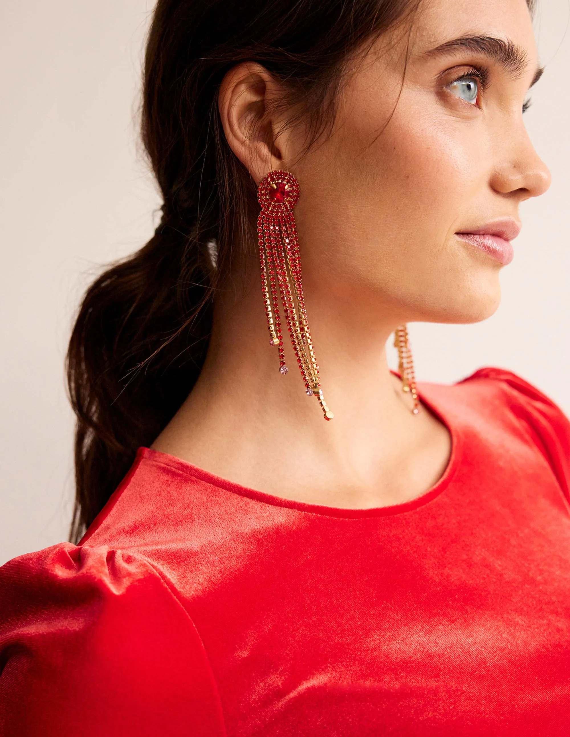 Jewelled Fringe Earrings-Red/Pink