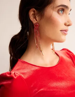 Jewelled Fringe Earrings-Red/Pink