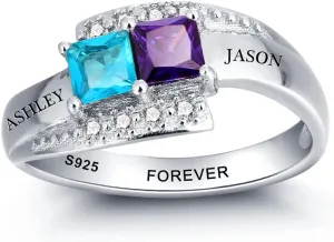 JewelOra Personalized Promise Rings for Her with 2 Simulated Birthstones Name Rings for Mother Wedding Engagement Band