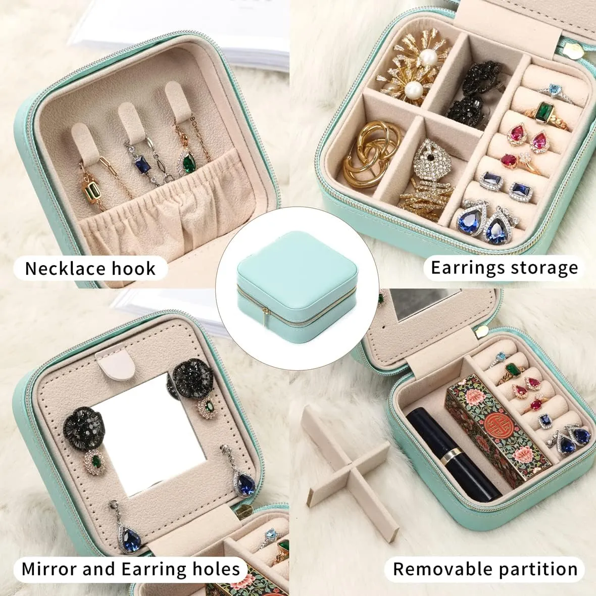 Jewelry Case with Mirror, Small Travel Jewelry Organizer, Portable Mini Storage Box for Rings, Earrings, Necklaces, Gift for Mother Mom, Girl, Daughter, Sisters, Bridesmaids, Mother's Day Gift (White)
