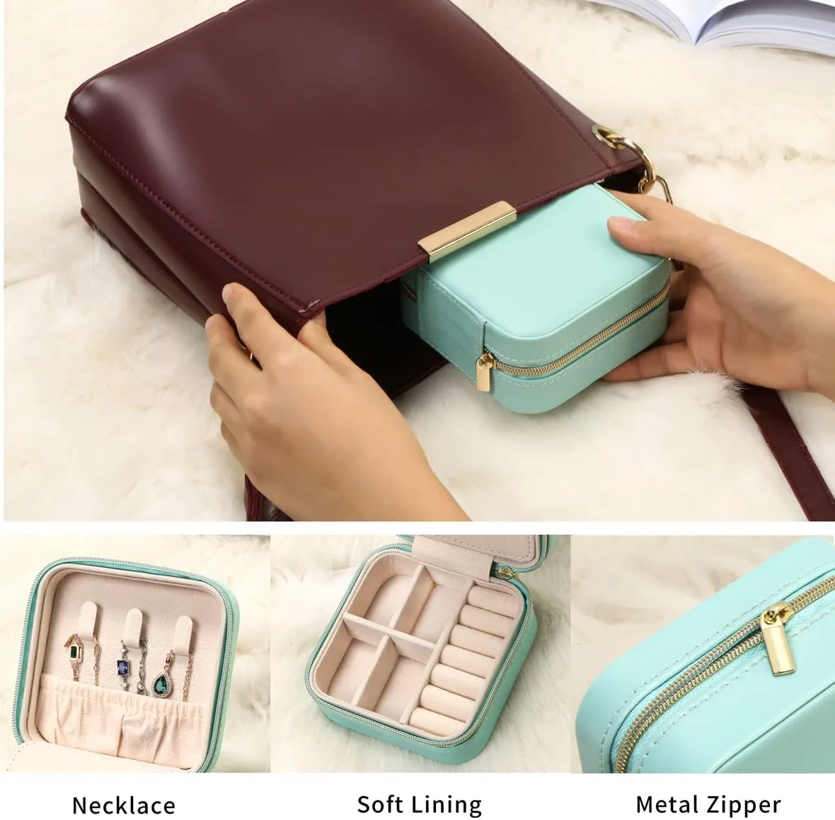 Jewelry Case with Mirror, Small Travel Jewelry Organizer, Portable Mini Storage Box for Rings, Earrings, Necklaces, Gift for Mother Mom, Girl, Daughter, Sisters, Bridesmaids, Mother's Day Gift (White)