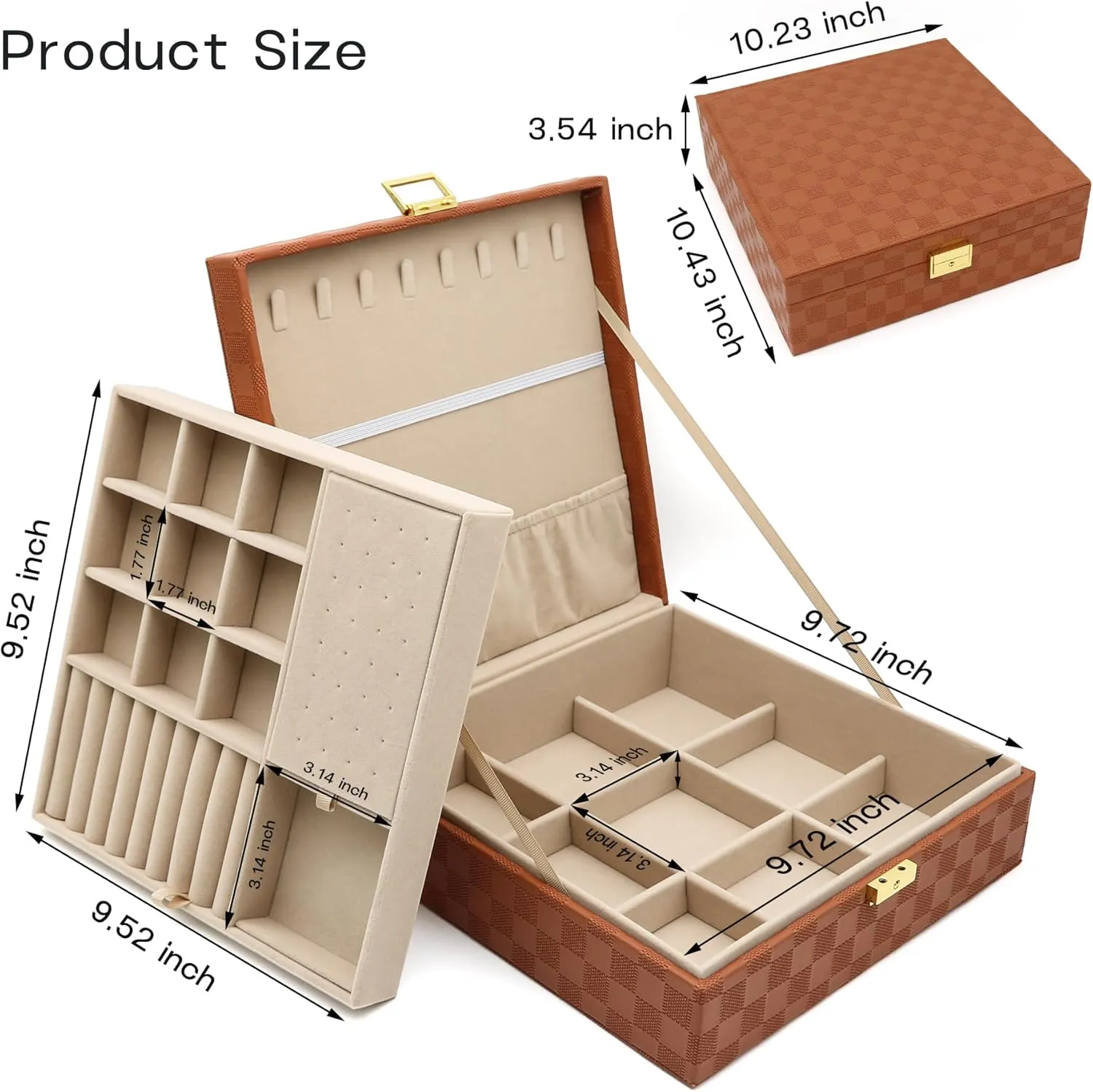 Jewelry Organizer Box, Jewelry Box Organizers for Women Girls, 2 Layers Large Leather Jewels Storage Case for Earring, Rings, Necklaces, Bracelets, Big and Small Jewellery, Watch, Ideal Gift (Brwon)