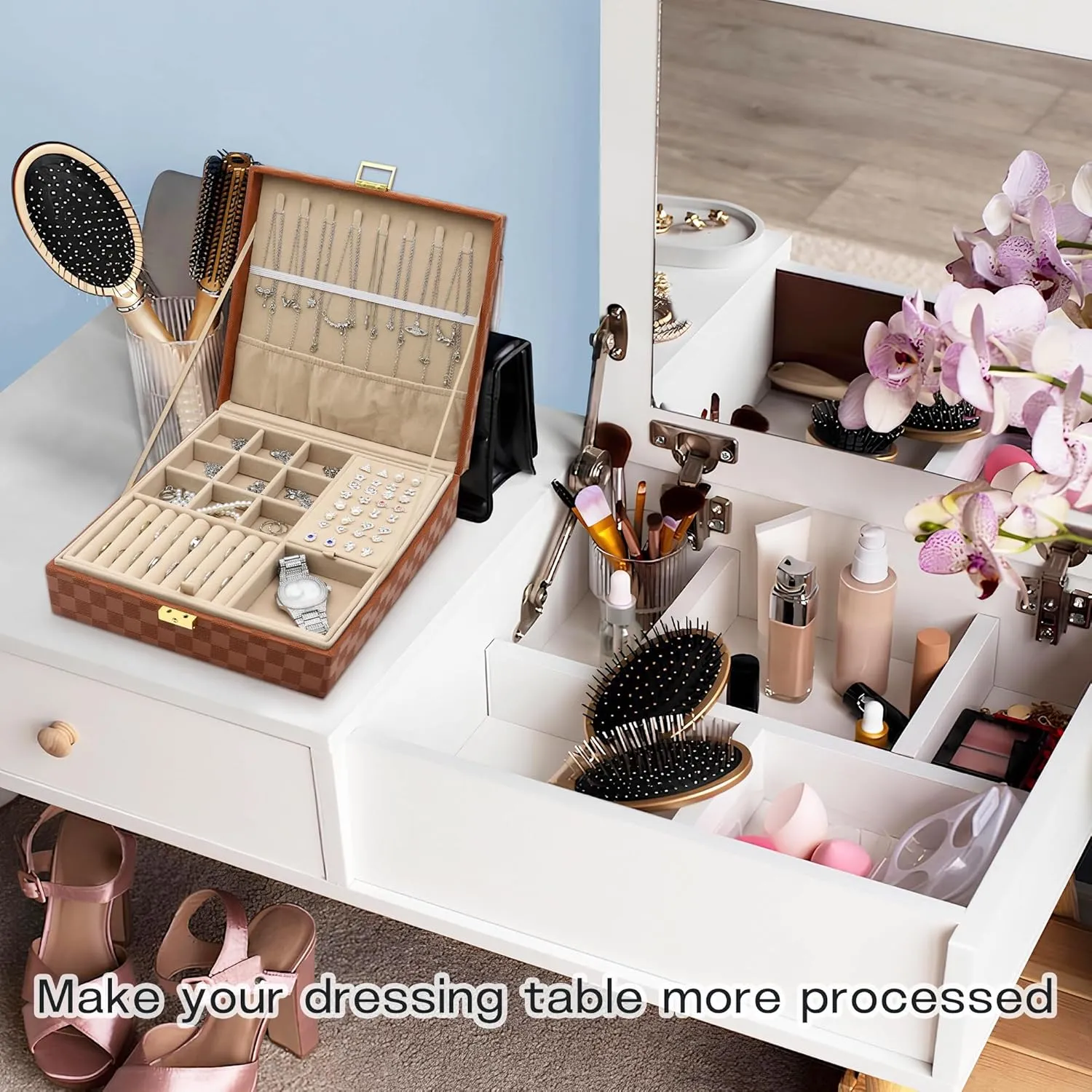 Jewelry Organizer Box, Jewelry Box Organizers for Women Girls, 2 Layers Large Leather Jewels Storage Case for Earring, Rings, Necklaces, Bracelets, Big and Small Jewellery, Watch, Ideal Gift (Brwon)