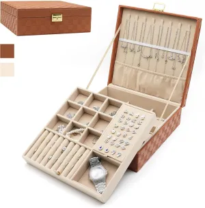 Jewelry Organizer Box, Jewelry Box Organizers for Women Girls, 2 Layers Large Leather Jewels Storage Case for Earring, Rings, Necklaces, Bracelets, Big and Small Jewellery, Watch, Ideal Gift (Brwon)