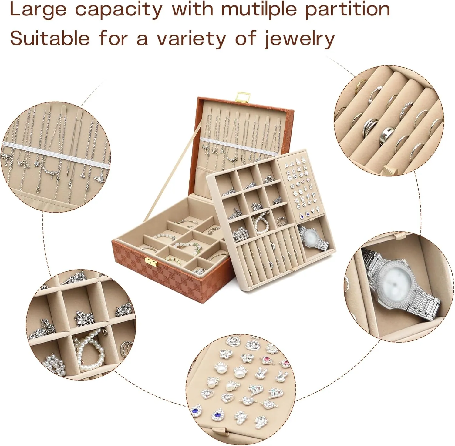 Jewelry Organizer Box, Jewelry Box Organizers for Women Girls, 2 Layers Large Leather Jewels Storage Case for Earring, Rings, Necklaces, Bracelets, Big and Small Jewellery, Watch, Ideal Gift (Brwon)