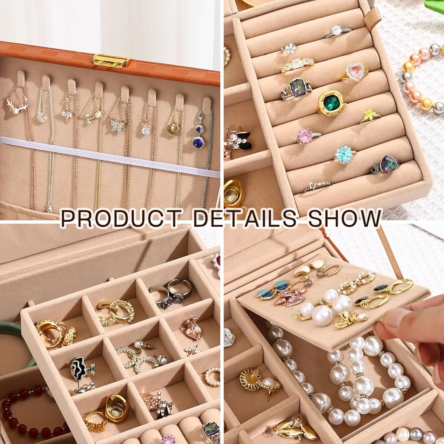 Jewelry Organizer Box, Jewelry Box Organizers for Women Girls, 2 Layers Large Leather Jewels Storage Case for Earring, Rings, Necklaces, Bracelets, Big and Small Jewellery, Watch, Ideal Gift (Brwon)