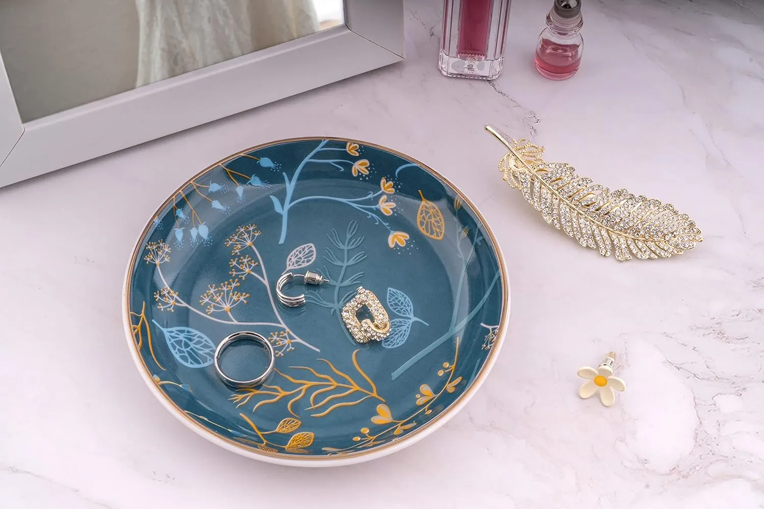 Jewelry Ring Dish Tray Boho Ceramic Decorative Trinket Dish Organizer for Rings Earrings Necklaces Bracelet Watch Keys Plate Small Round Ring Holder Gift for Women Engagement