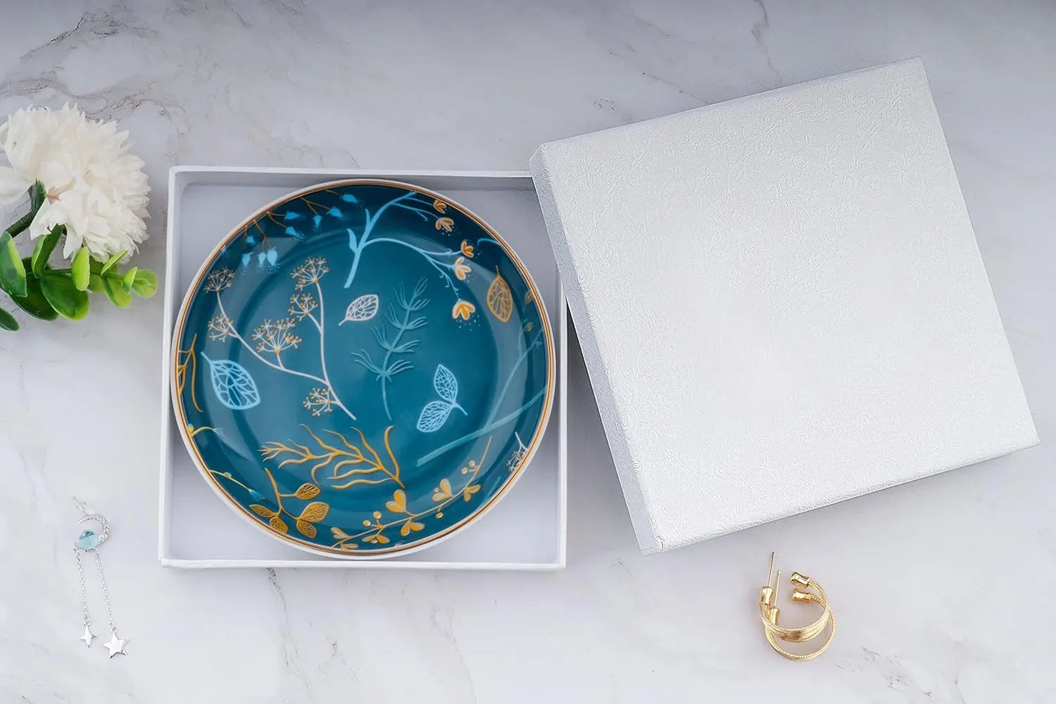 Jewelry Ring Dish Tray Boho Ceramic Decorative Trinket Dish Organizer for Rings Earrings Necklaces Bracelet Watch Keys Plate Small Round Ring Holder Gift for Women Engagement