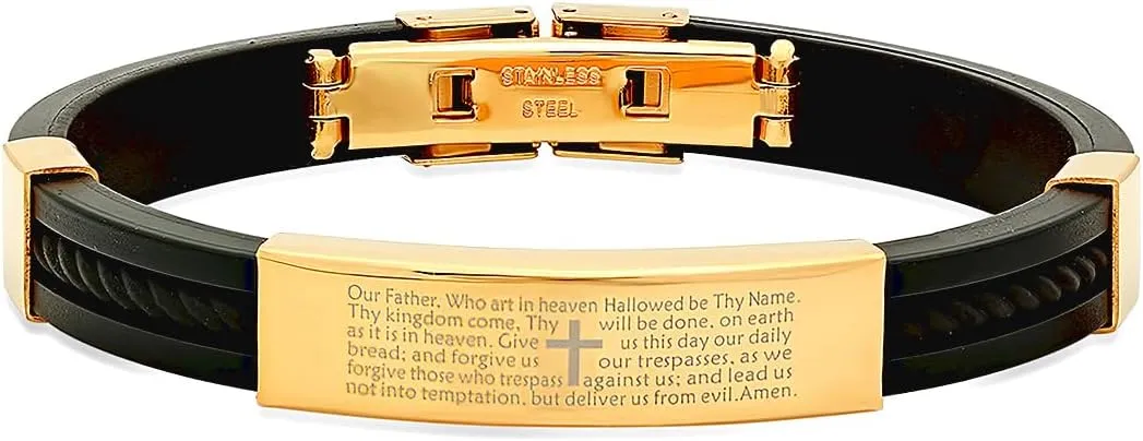 JewelryWeb Stainless Steel Mens Yellow Black tone Lord's Prayer Religious Black Rubber Bracelet - for Men