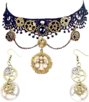 JinYu Choker Necklace and Steampunk Earrings Set for Steampunk Halloween Punk Costume Party Retro Gear Clock Cog Women Gothic Black Lace Necklaces Halloween Lolita