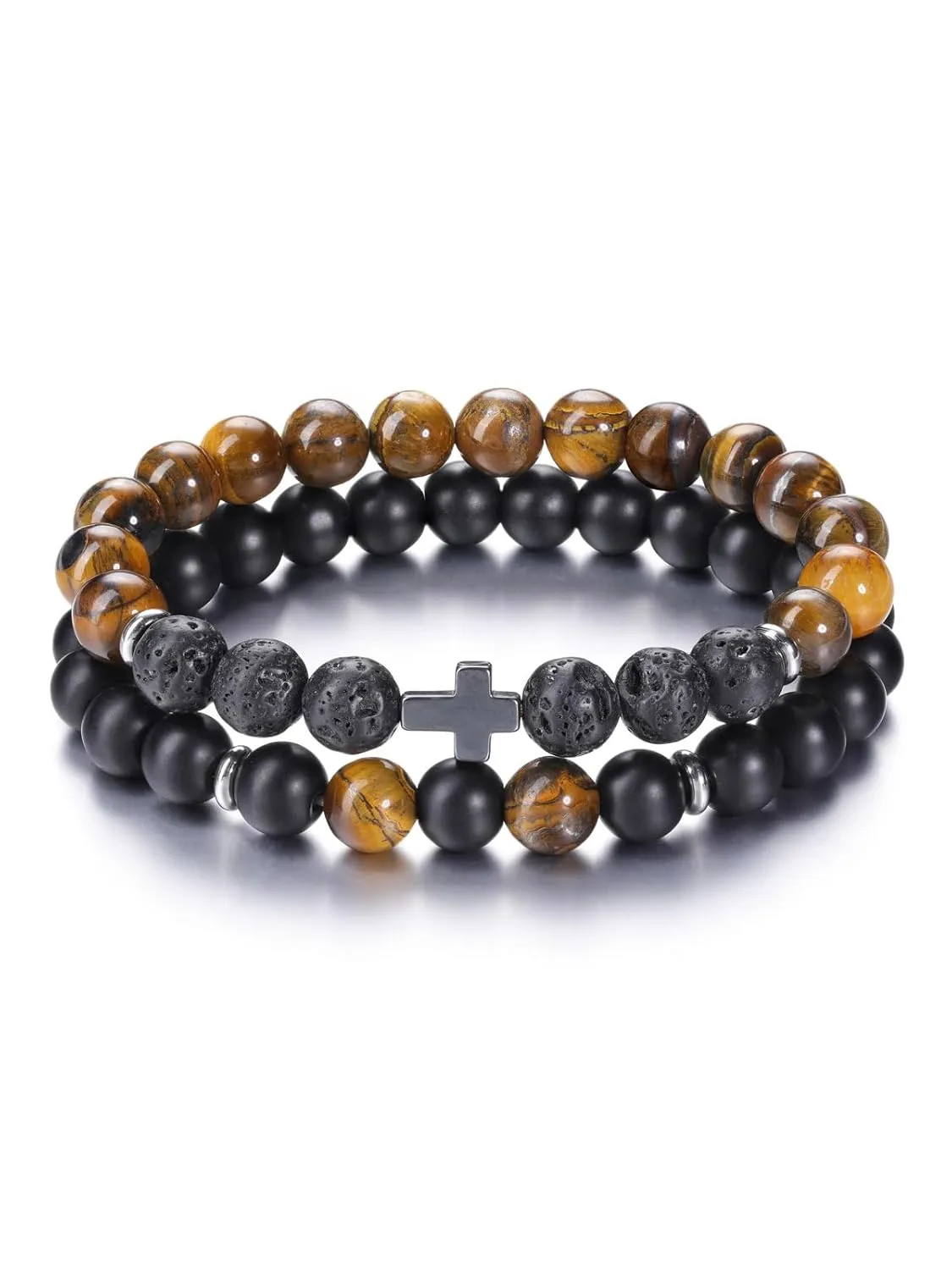 Jovivi Mens Crystal Cross Braceles 2pcs 8mm Tiger Eye Matte Agate/Lava Stone Hematite Bracelets Handmade Natural Healing Gemstone Round Beads Beaded Bracelet for Men Fathers Gifts