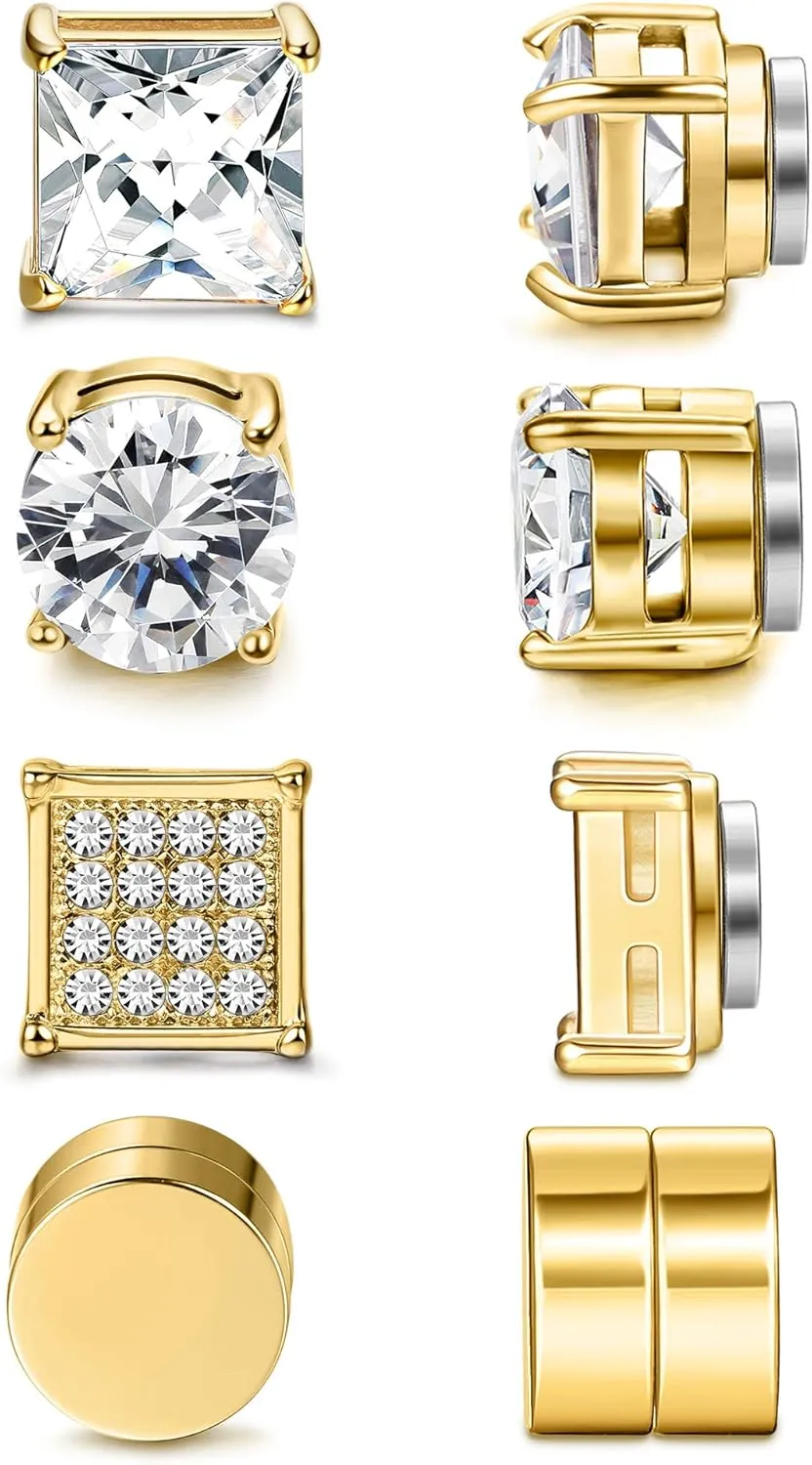 Jstyle 4 Pairs Stainless Steel Magnetic Stud Earrings for Men Women Gold CZ Non-Piercing Clip On Stud Earrings Set 6-8MM