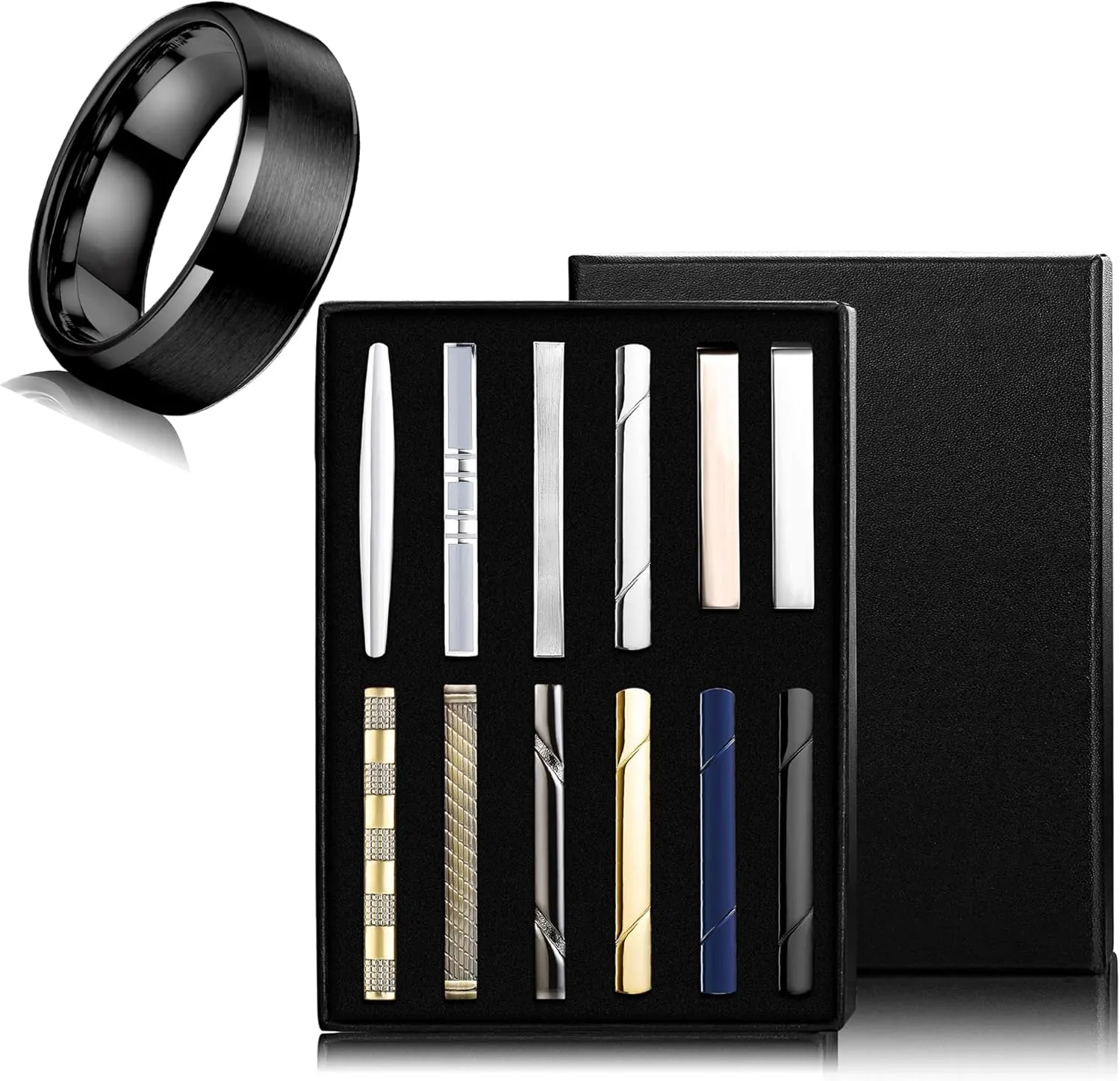 Jstyle Men's Ring and Tie Clips Set Black Size 6 Band Rings & Men Clip Set for Regular Ties Necktie Wedding Business