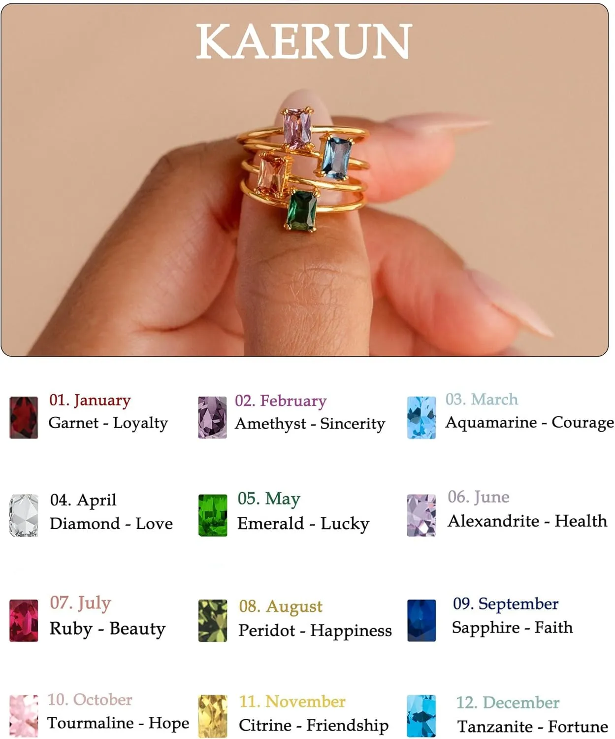 KAERUN Gold Birthstone Rings for Women Non Tarnish Dainty 14K Gold Plated Stackable Rings CZ Emerald Baguette Gemstone Rings for Mother Daughter Birthday Handmade Jewelry Gifts Size 6 7 8 9 10
