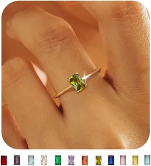 KAERUN Gold Birthstone Rings for Women Non Tarnish Dainty 14K Gold Plated Stackable Rings CZ Emerald Baguette Gemstone Rings for Mother Daughter Birthday Handmade Jewelry Gifts Size 6 7 8 9 10