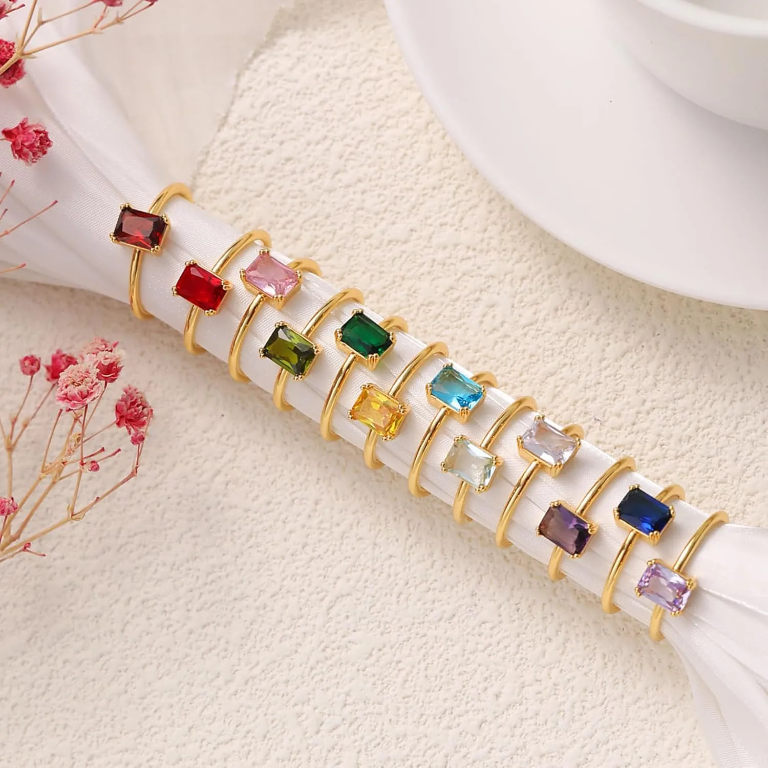 KAERUN Gold Birthstone Rings for Women Non Tarnish Dainty 14K Gold Plated Stackable Rings CZ Emerald Baguette Gemstone Rings for Mother Daughter Birthday Handmade Jewelry Gifts Size 6 7 8 9 10