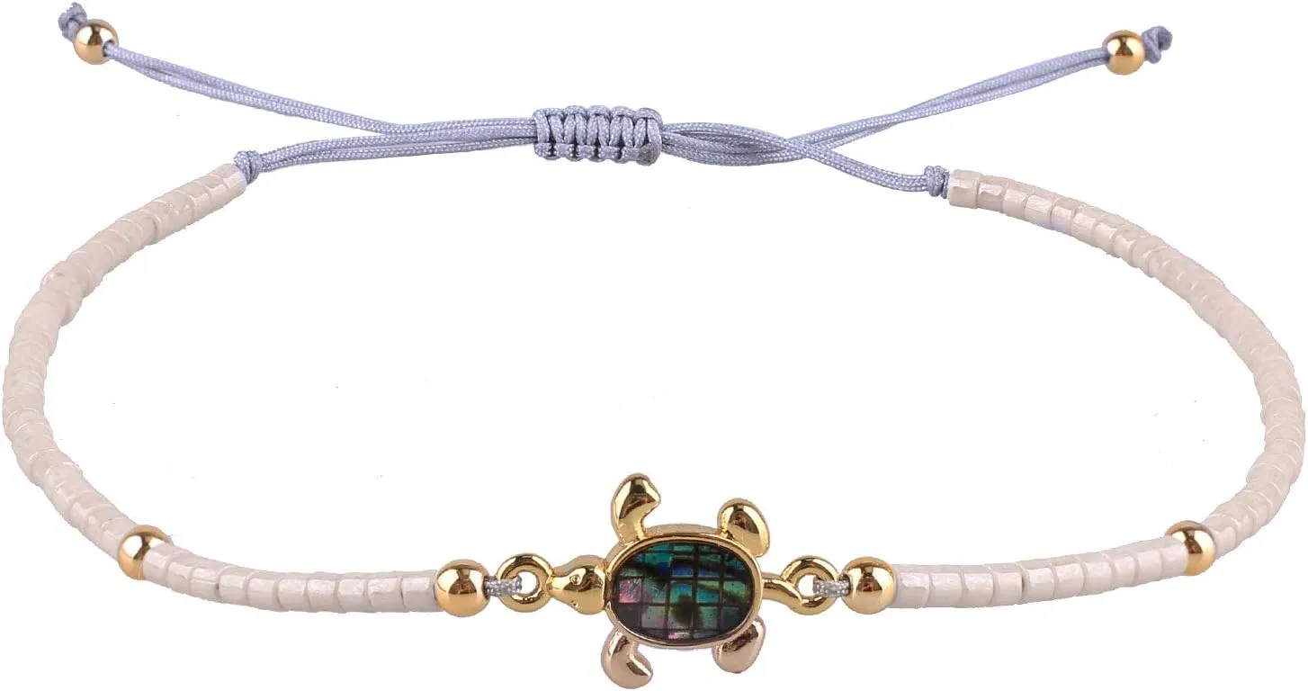 KELITCH Friendship Turtle Charm Bracelet Handmade Colorful Seed Beads Bracelets Boho Jewelry For Women - Beige