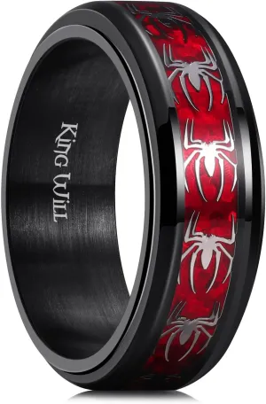 King Will Spinner Ring for Men Red Skull Rings Black Plated Stainless Steel Wedding Ring 8mm Width Mens Jewelry Size 7-14