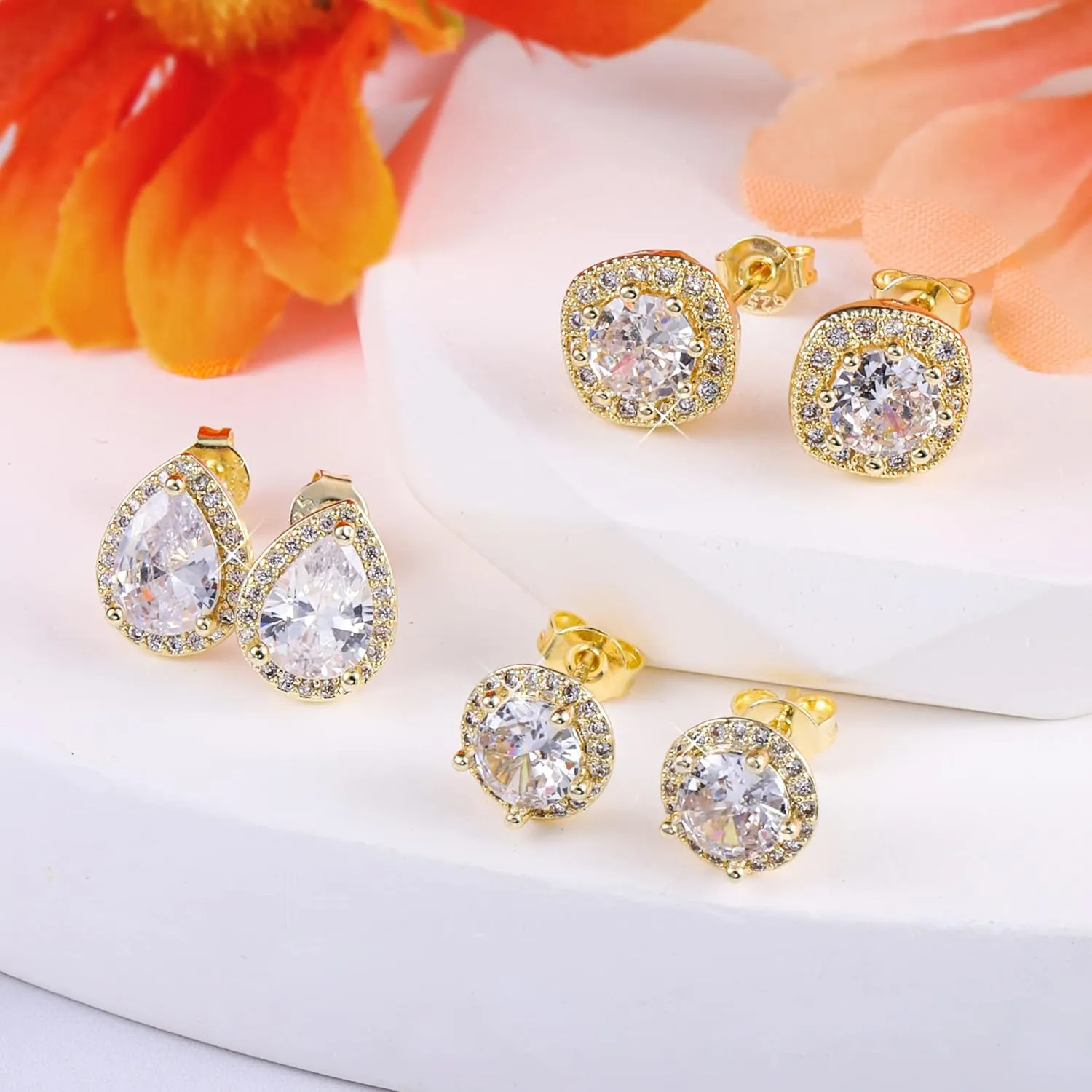 KISSPAT Gold Stud Earrings Set for Women 3 Pairs Large Heart & Halo & Squre Cubic Zirconia Stud Earrings with Sterling Silver Post