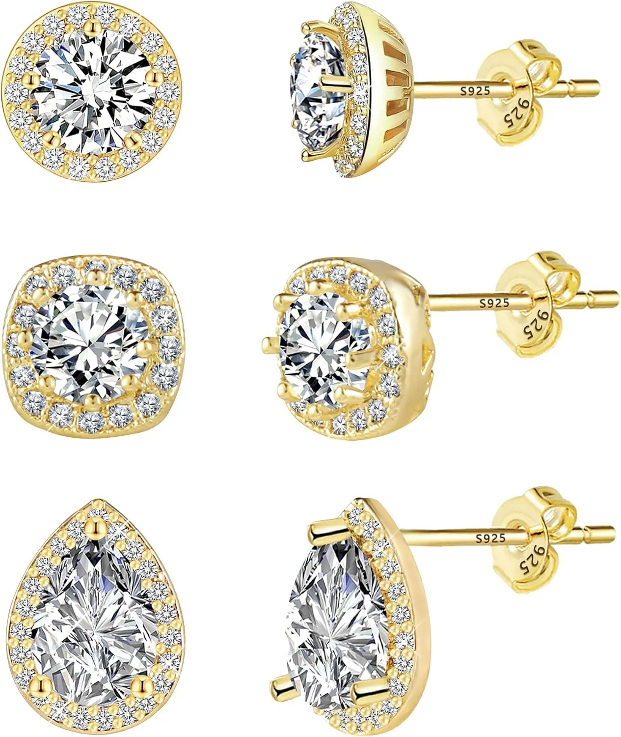 KISSPAT Gold Stud Earrings Set for Women 3 Pairs Large Heart & Halo & Squre Cubic Zirconia Stud Earrings with Sterling Silver Post