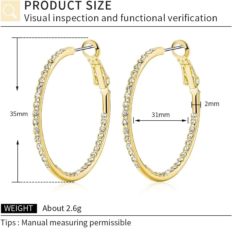 KOSE 14K Gold Hoop Earrings for Women Hypoallergenice, 35mm Rhinestone Hoop Earrings with 14K Gold Plated, Gift for Women and Friend